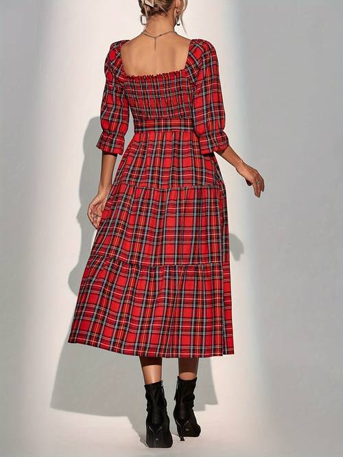 teacher elegant directional dress features a checkered print with neckline sleeves and a waist belt