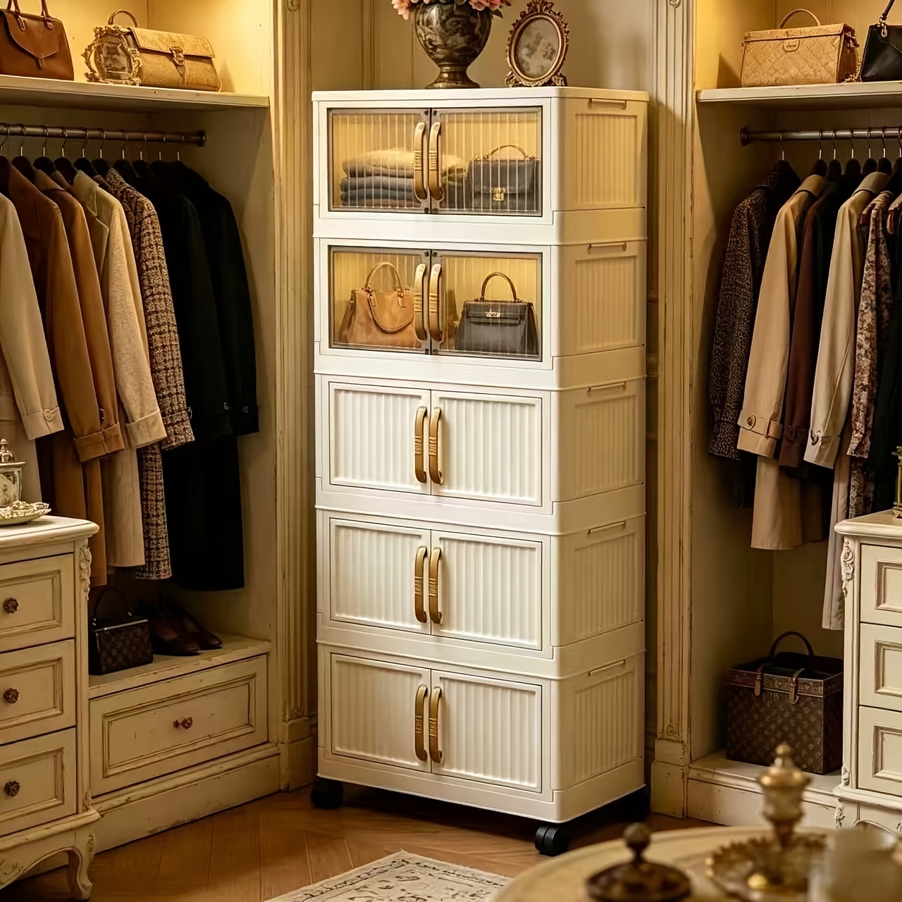A Five-story Ultra-large Capacity Cream-style Storage Cabinet with Compartments! Equipped with Wheels for Mobility, It Can Store All Clutter In Bedrooms, Living Rooms, And Bathrooms