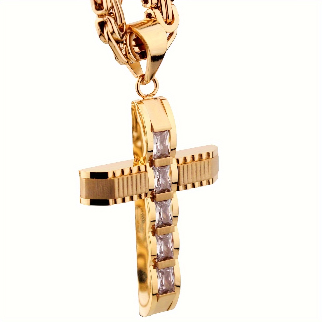 mens stainless steel golden cross pendant necklace details 0