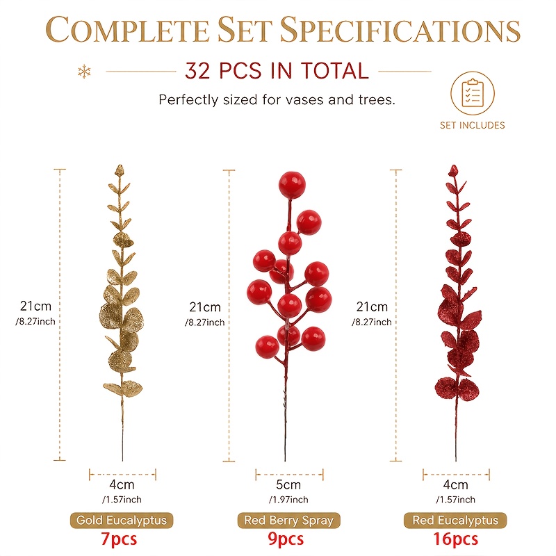 TEMU 32-delige doe-het-zelf-set met gesimuleerde glinsterende gouden eucalyptus en rode voor kerstdecoratie thuis, kerstboom, en cadeau-combo