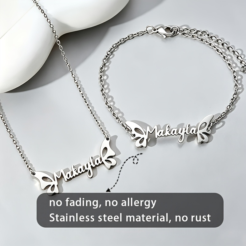 TEMU [customized] A Custom Diy Name Stainless Steel Bracelet Necklace Set, 18k Golden Plated, Suitable For Couples, Family , Commemorative Jewelry,