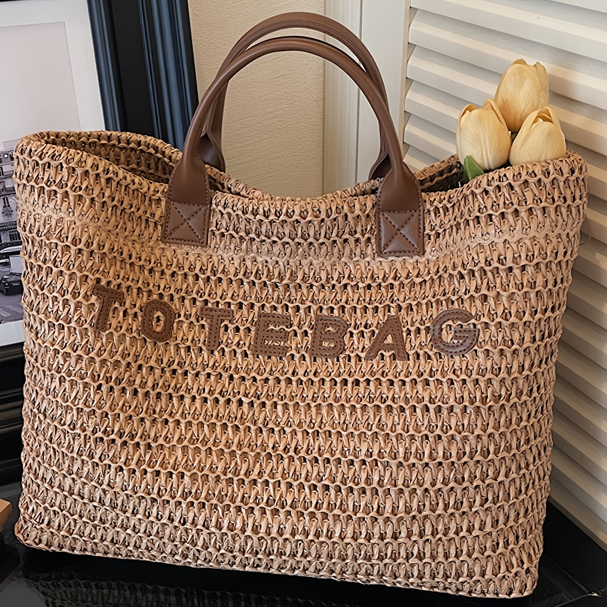E-shop Neue modische Damenhandtasche mit großem Fassungsvermögen aus Webstoff, vielseitige minimalistische Damenhandtasche im Urlaubsstil, Tote Bag mit