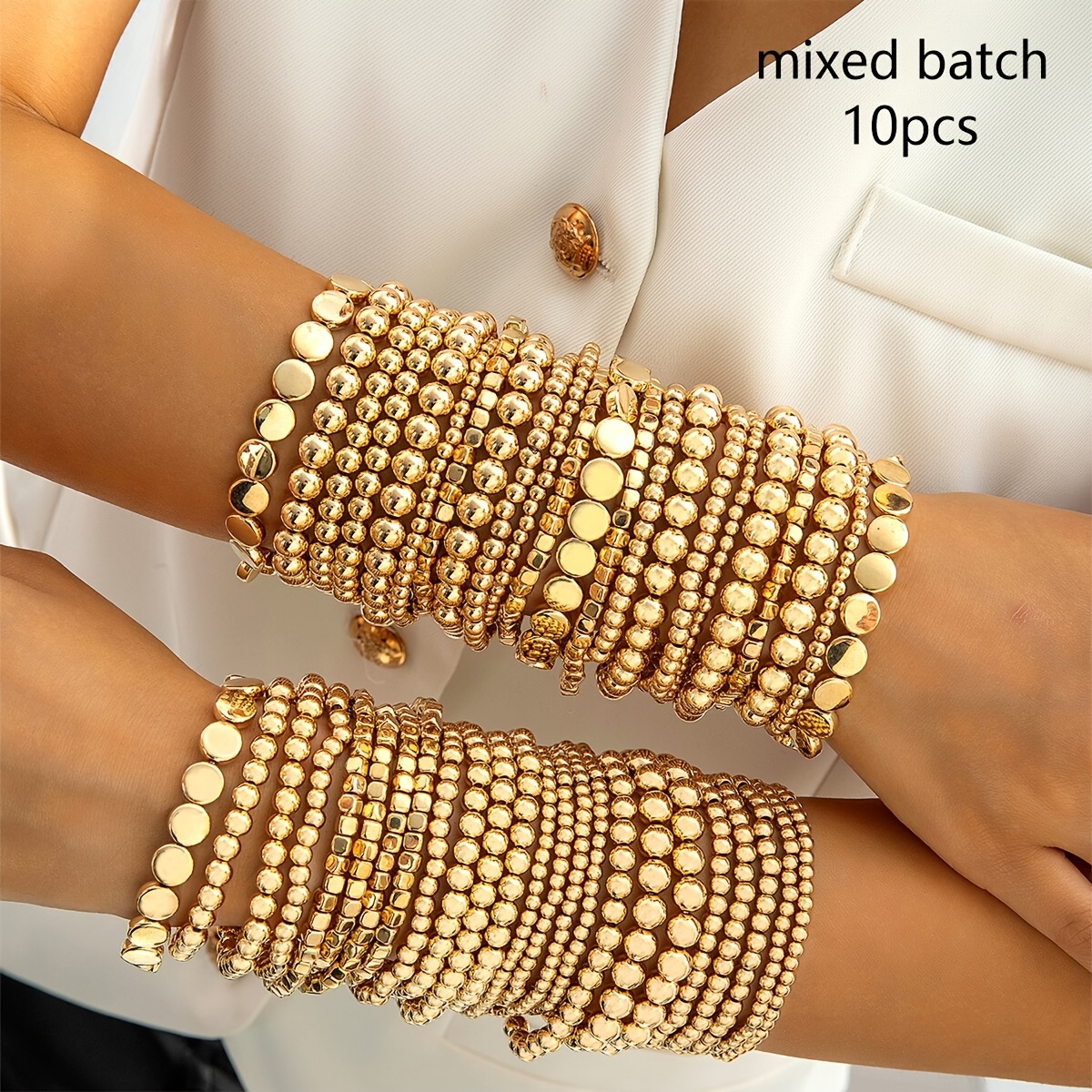 TEMU 10pcs Light Luxury Minimalist Round Bead Mixed With Bead Elastic Layered Bracelet Set Suitable For Daily Commuting, Parties, Dances, Additions,