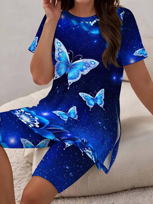 a womens casual print short sleeve top and shorts set featuring a stylish short sleeve top with side slits with comfortable fitted shorts a round neck pullover with layered details designed as a two piece casual outfit for women