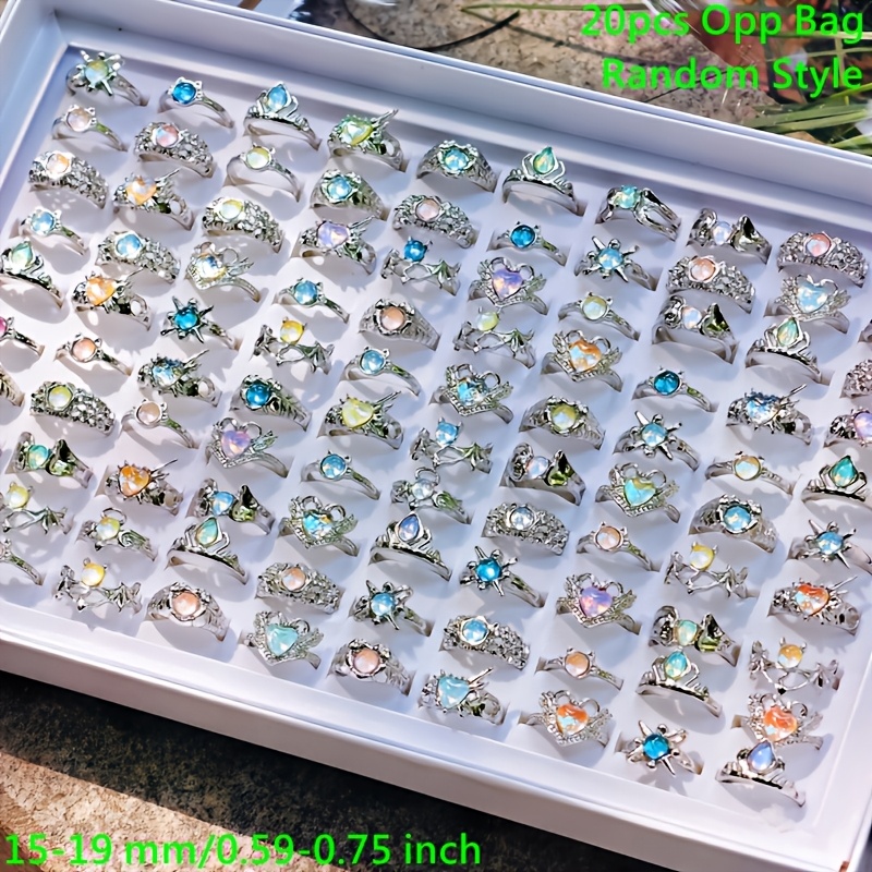 TEMU Wholesale 20pcs/pack Women's Fashion Stackable Rings Vintage Bohemian Style Men And Women Ring Set Silvery And Multicolor Alloy Material Heart