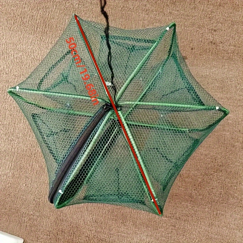 Durable 6-hole Fishing Trap - Foldable Nylon Net Suitable For Eel, Lobster, And Fish | Green