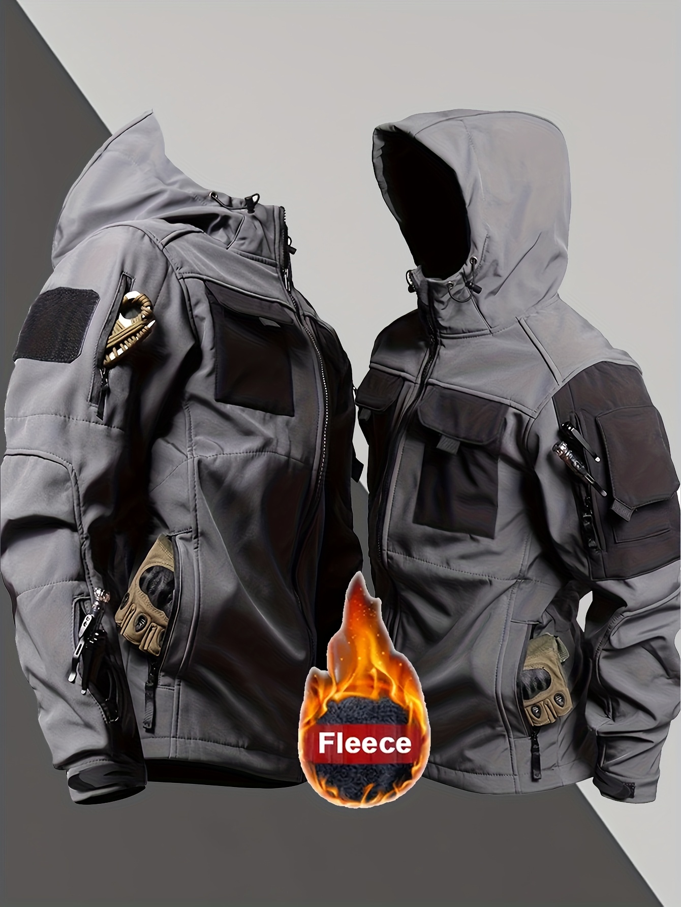 Men's Warm Hooded Zip-Up Shell Jacket with Pockets for Outdoor Activities