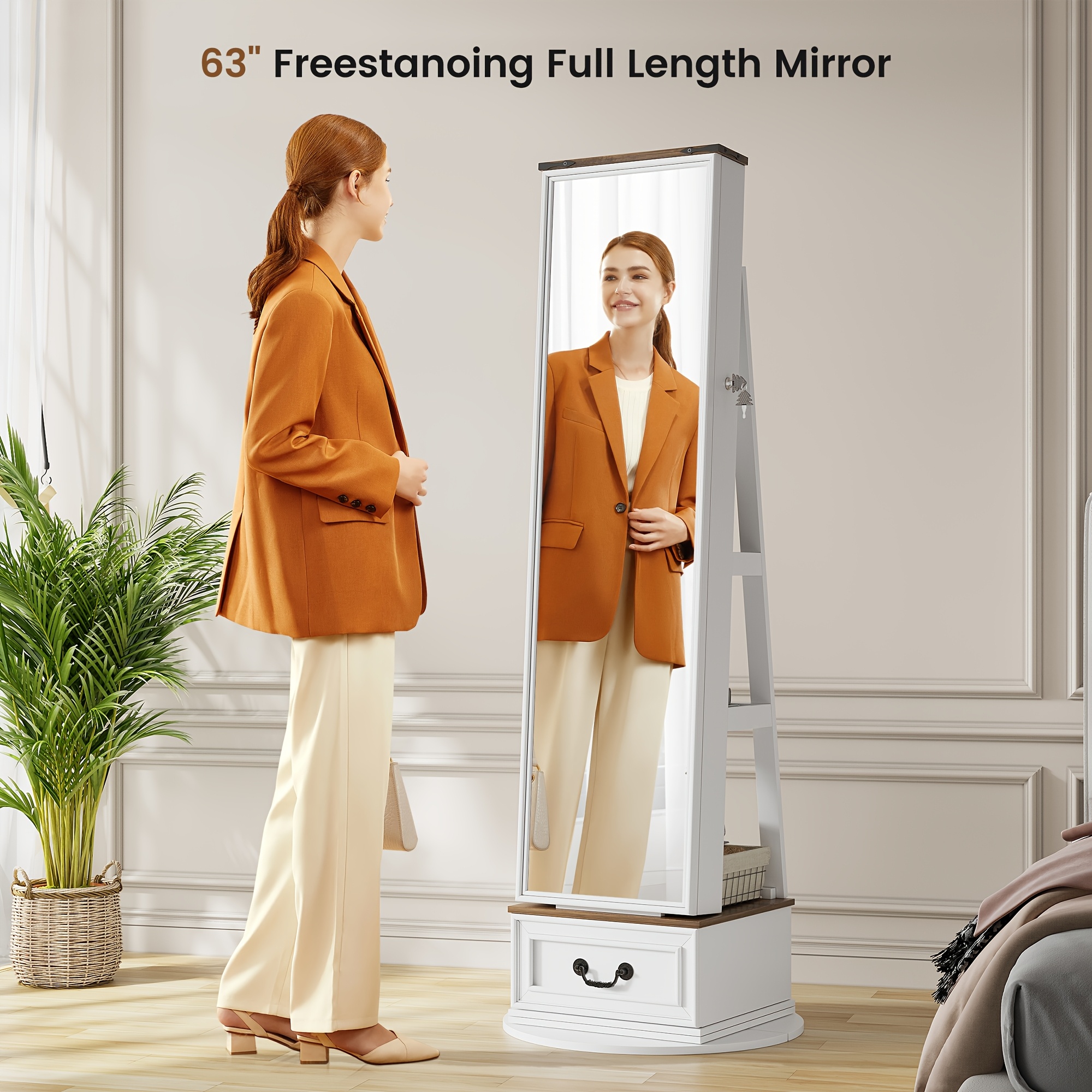 Lockable Vintage-Inspired 360° Swivel Jewelry Mirror Cabinet with Lights - Full Length Organizer with Storage Drawer for Bedroom Decor - Image 4