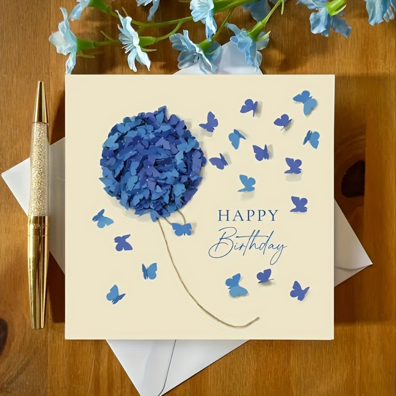 

Carte d'anniversaire 2D, anniversaire, Saint-Valentin, Noël, motif hortensia bleu et papillon, avec enveloppe, personnalisée, anglais, , français, japonais, coréen, pour tous