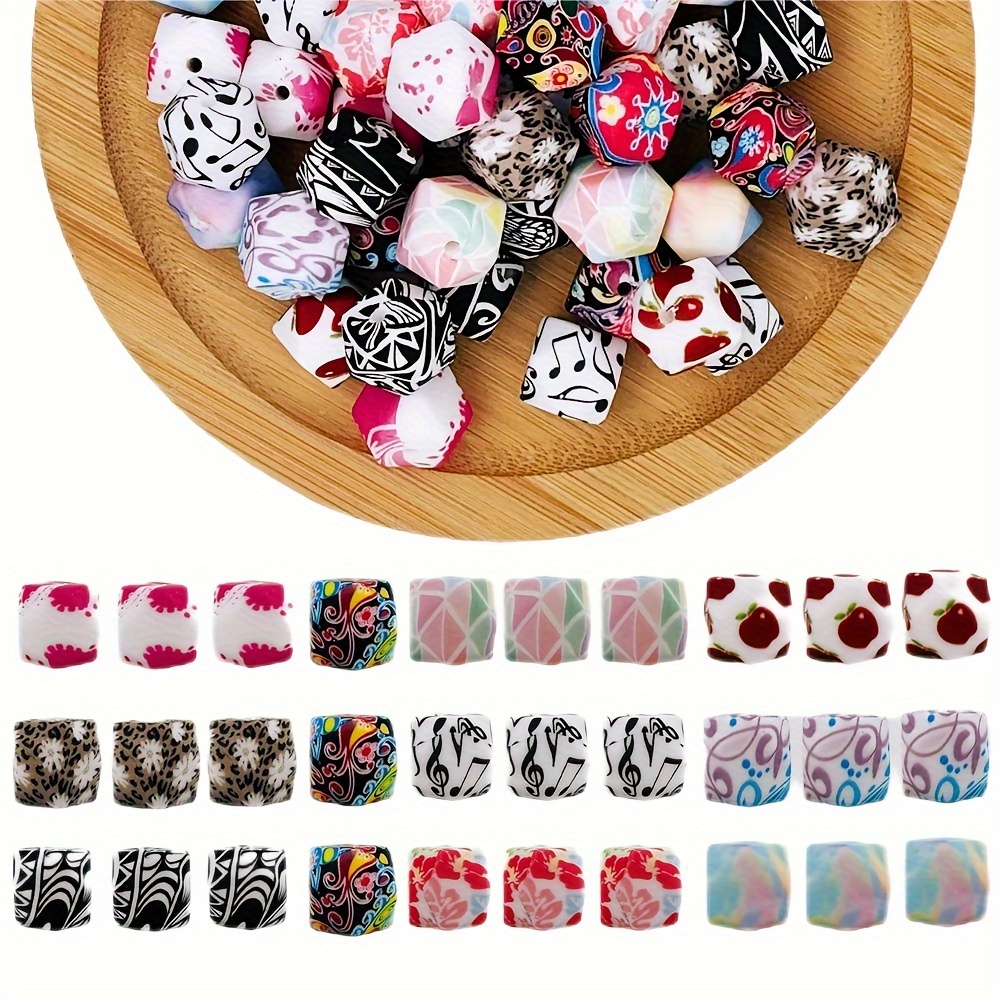 

1 Set Of 30 Pieces Of 14mm Color Watermark Polygonal Silicone Beads Combination