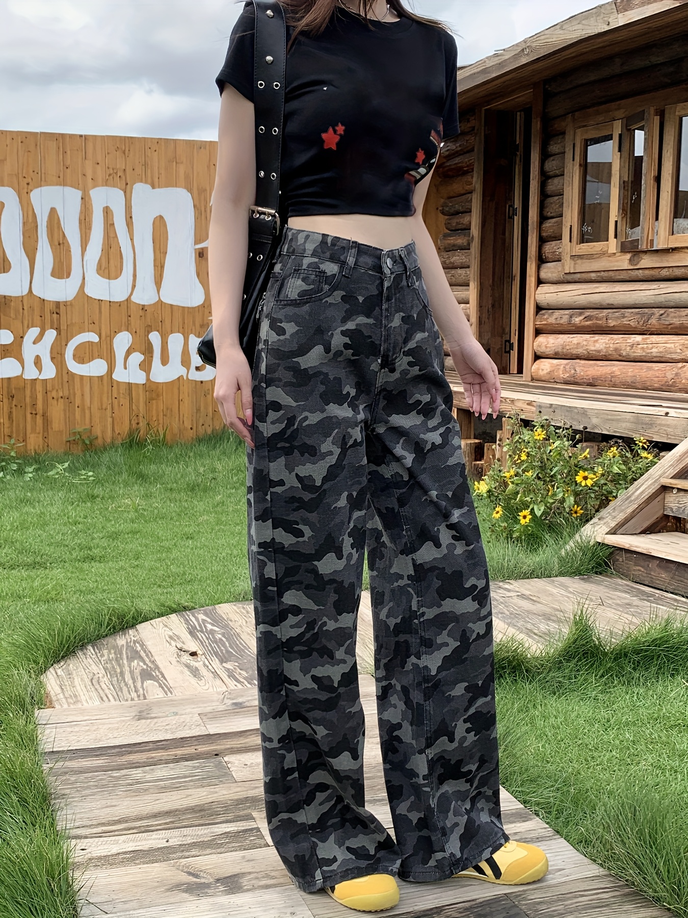 womens high waist camouflage wide leg jeans denim streetwear