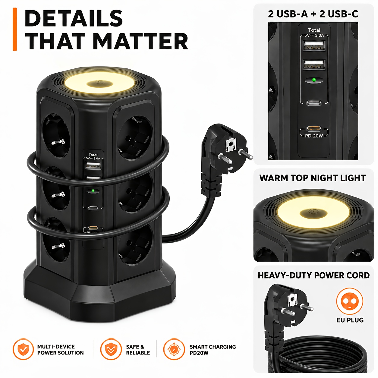Strip With 12 Ac Outlets, 2 Usb- Usb-c Ports, Pd20w Fast Charging Extension Lead, Vertical Desktop Socket With Warm Night Light, Multi Plug Adapter For Home Office Bedroom Kitchen