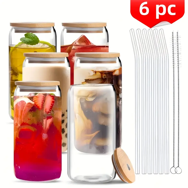 6 12pcs glass straw cups with bamboo lids mason jar cups iced coffee cups milk tea cups boba tea reusable suitable for furniture kitchens hotels home party supplies 18 7 ounces 550 milliliters Product details 0