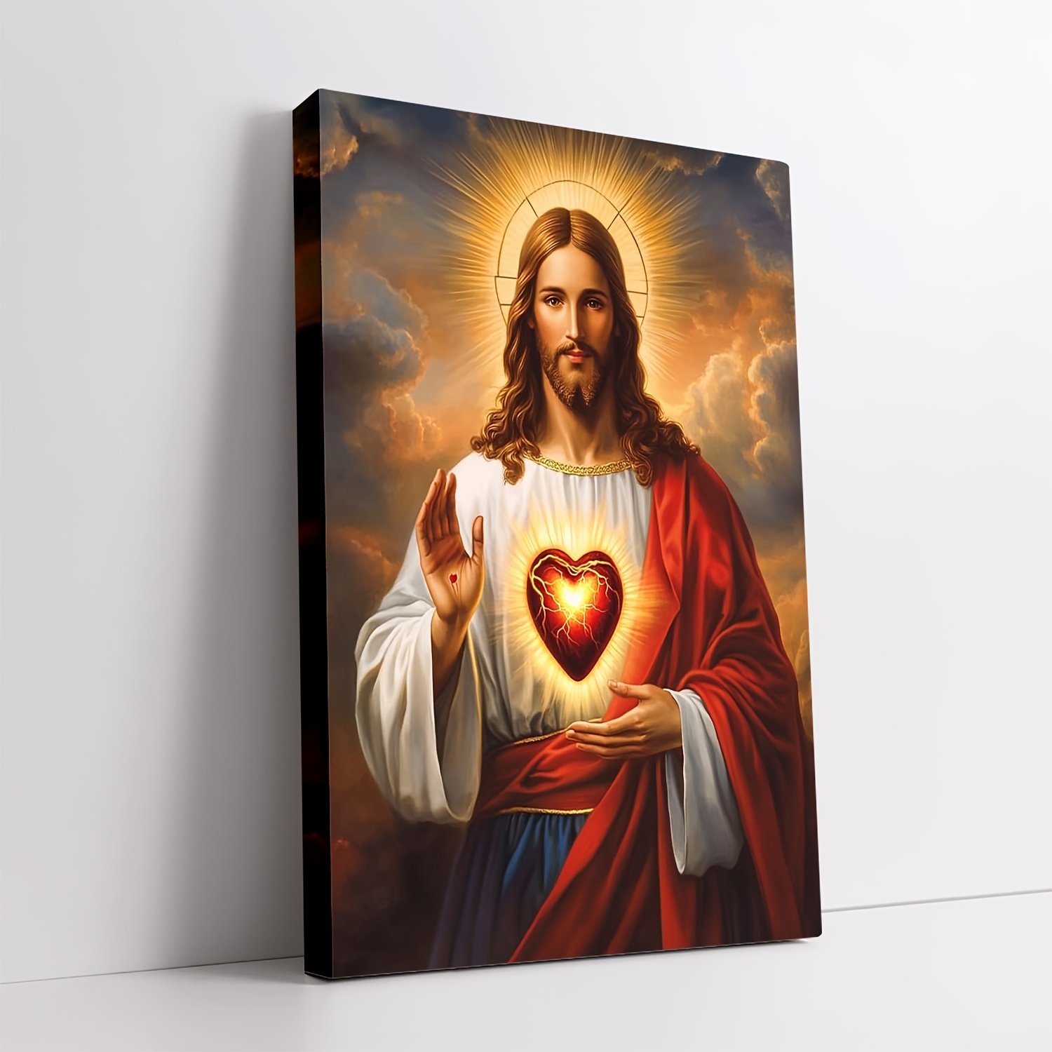 TEMU 1pc Of Jesus Canvas Wall Art - Modern Painting With Vintage Wood Frame, Bright Colors & Dramatic Clouds - Indoor/outdoor Vertical Decor For