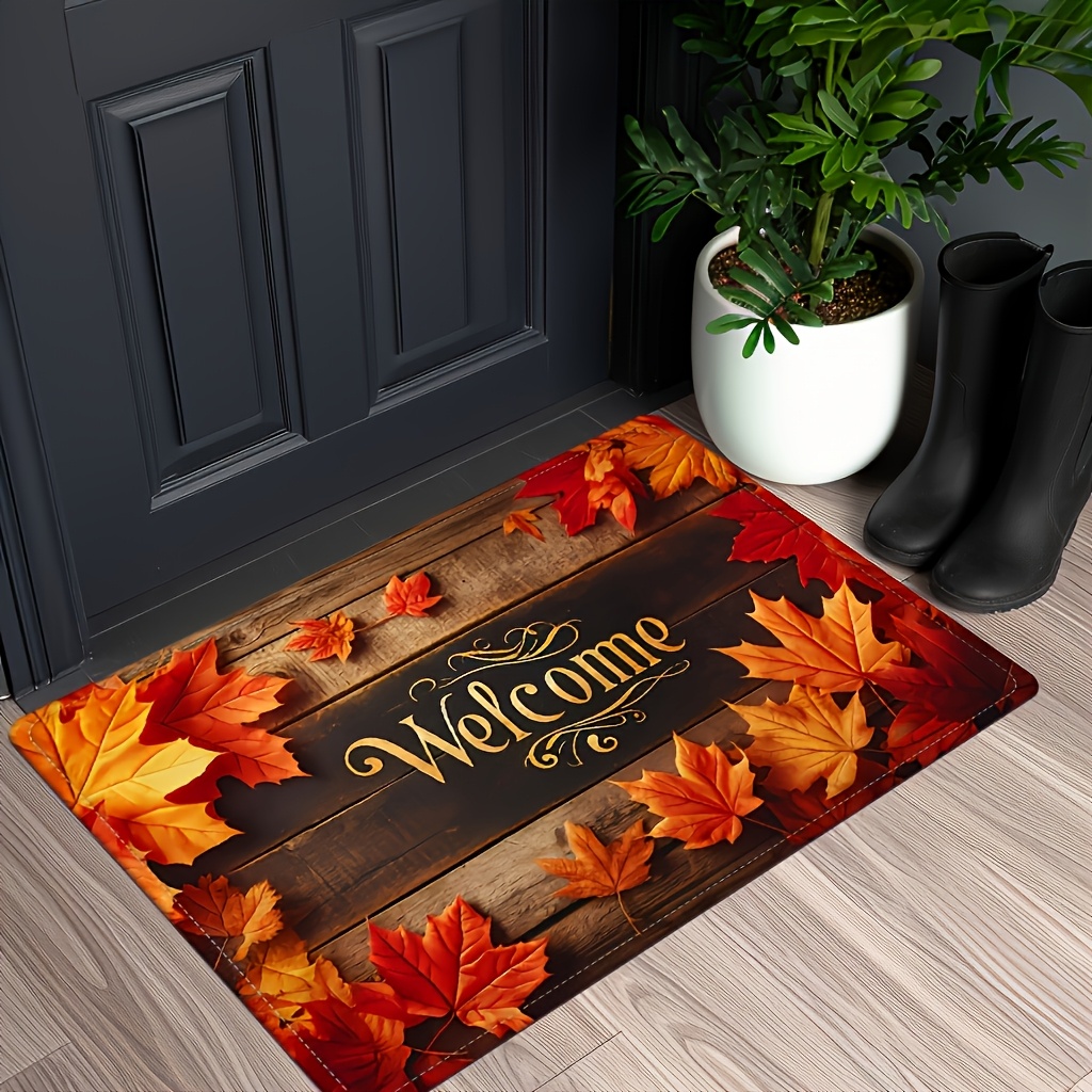 TEMU 1pc Autumn Maple Leaf Welcome Doormat - 1pc Non-slip, Machine Washable, Low-pile Polyester Flannel Mat, Machine-made, Suitable For Living Room,
