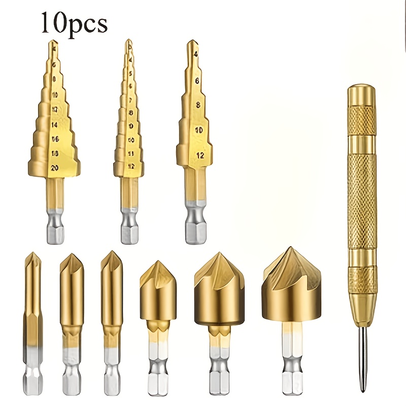 10pcs Drill Bit Set, Including Step Drill, Center Punch, Triangular Wood Drill, Five-flute Countersink Drill, And Wood Plug Drill, Suitable For Drilling In Wood, Metal, Plastic, And Drywall