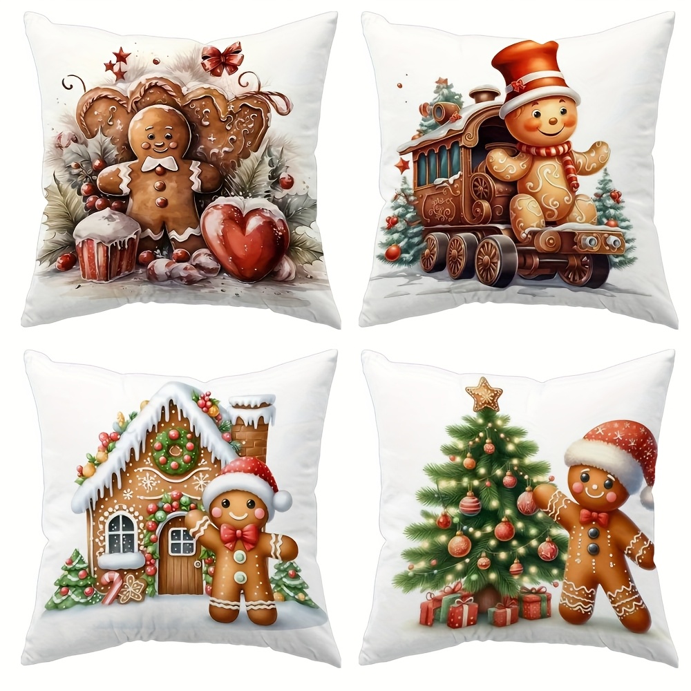 TEMU 4pcs, Christmas Theme, Printed With Gingerbread For Man And Gingerbread Cottage Pattern, Warm And Comfortable, Beautiful And Practical, 17.72 *