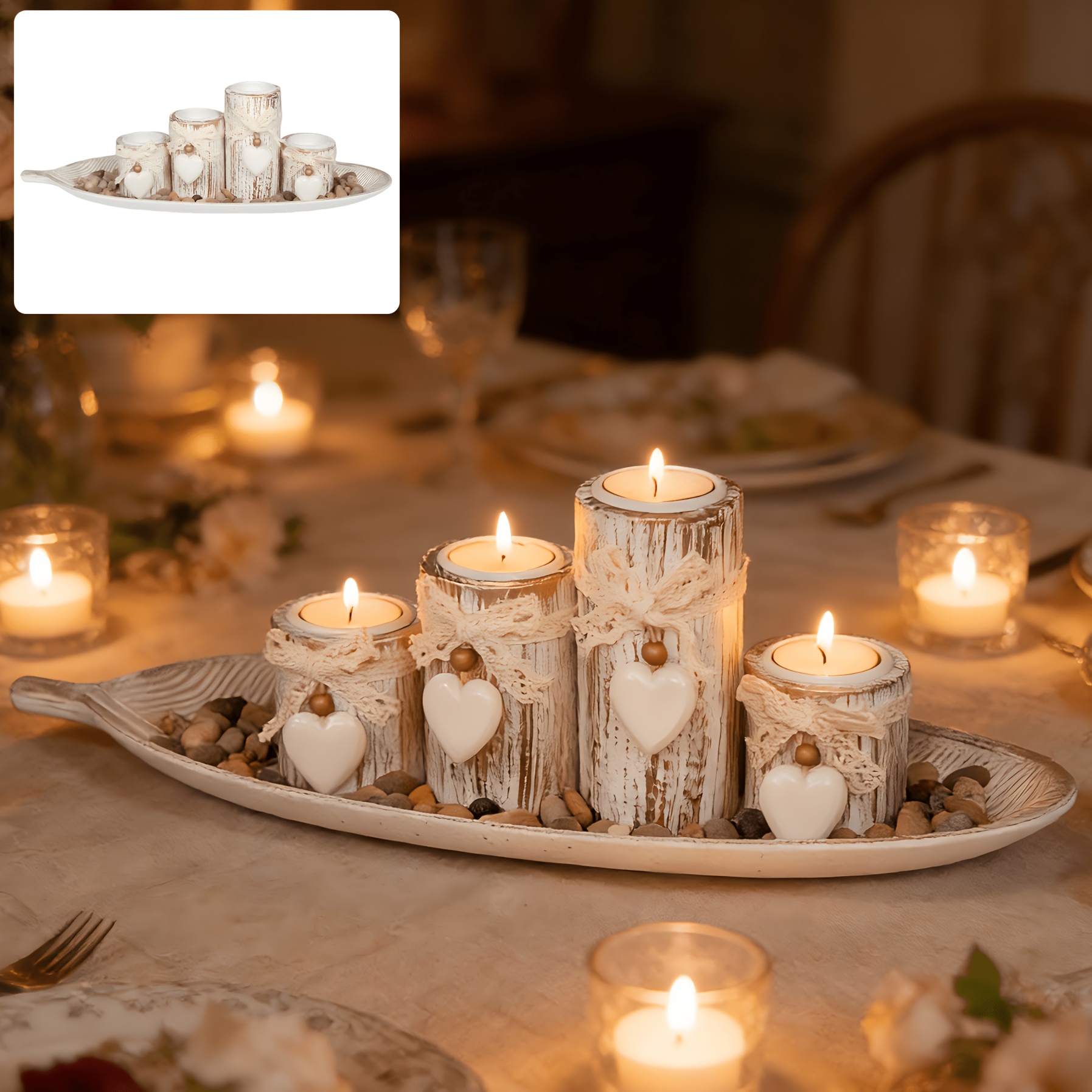 TEMU 4pcs Set Of Retro Wooden Candlestick Lace Bow Decoration Candlestick Wedding Table Atmosphere Ornaments Country Style Decoration Birthday Party