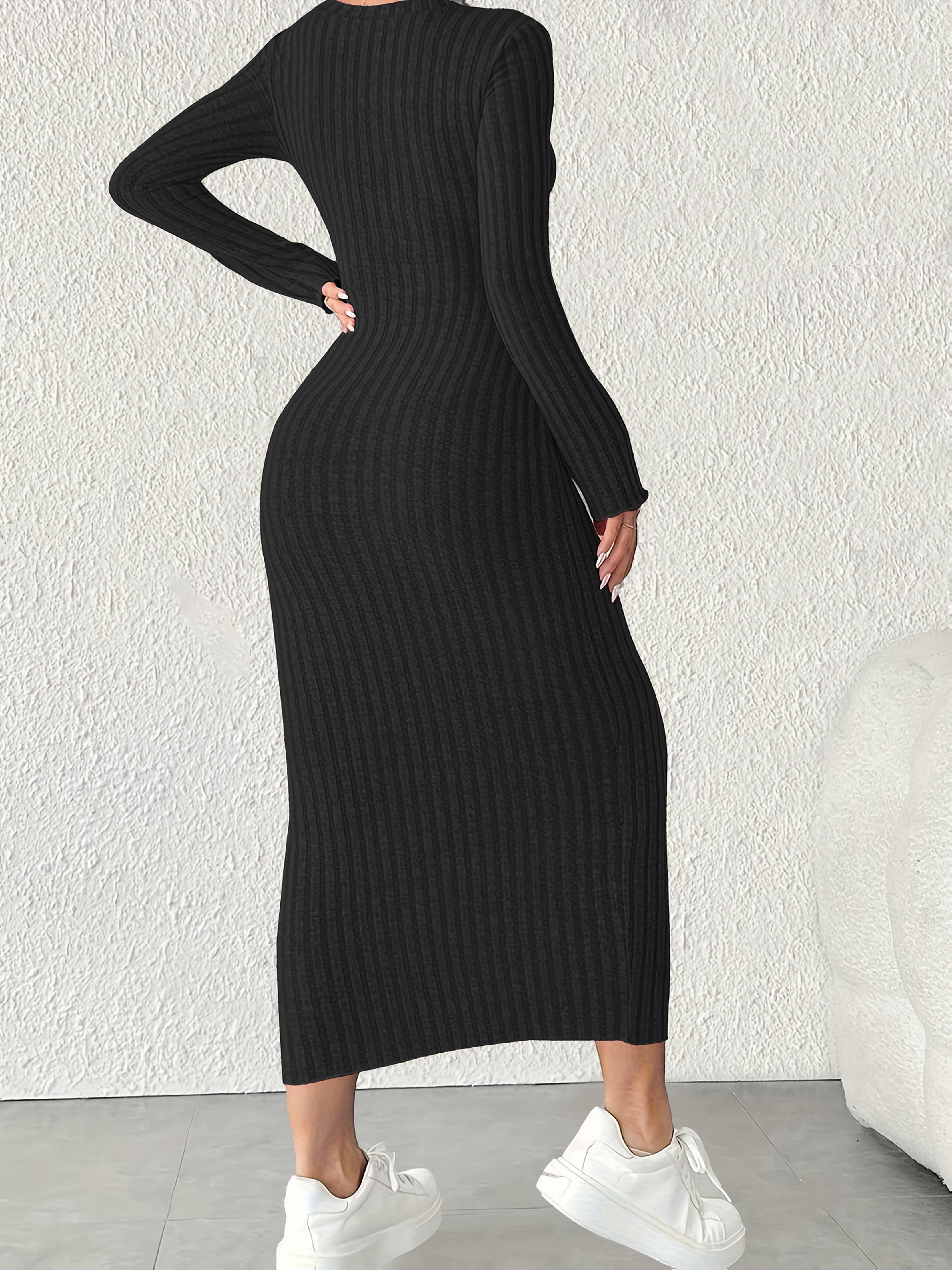 womens ribbed fit long sleeve crew neck dress solid - Temu