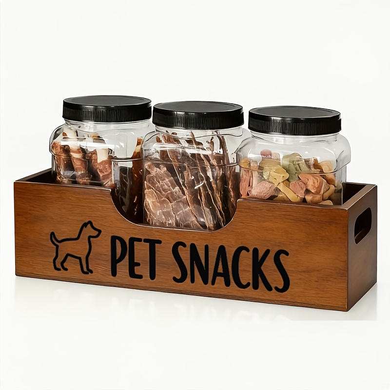 Image of Dog Treats Container, Pet Food Storage Containers Cat Treats Container With 3 Plastic Jars, Farmhouse Dog Snacks Treat Organizer For Kitchen Countertop
