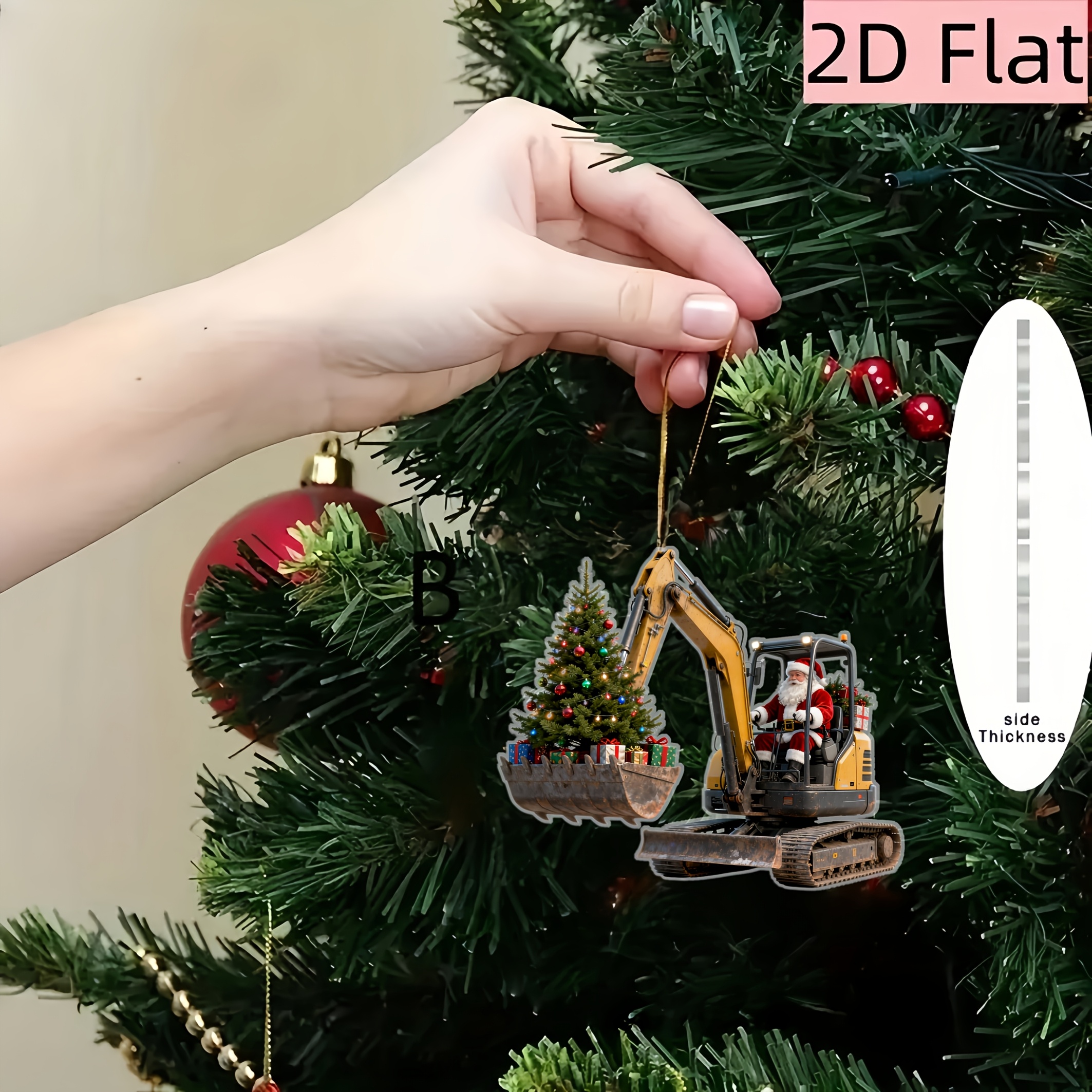 TEMU 2d Flat, 1pc Christmas 2d Santa Claus Driving An Excavator Pattern Hanging Ornament, Christmas Tree Ornament, Holiday Hanging Decoration, Home