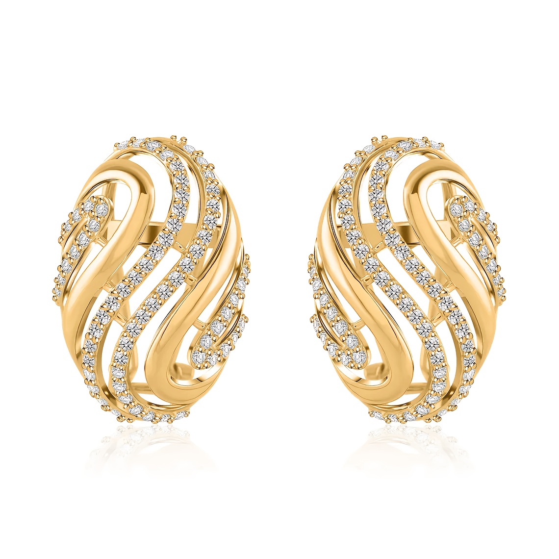 TEMU Golden-tone Oval Wave Synthetic Zirconia Earrings - Elegant Pave Design For Weddings, Parties & Daily Wear