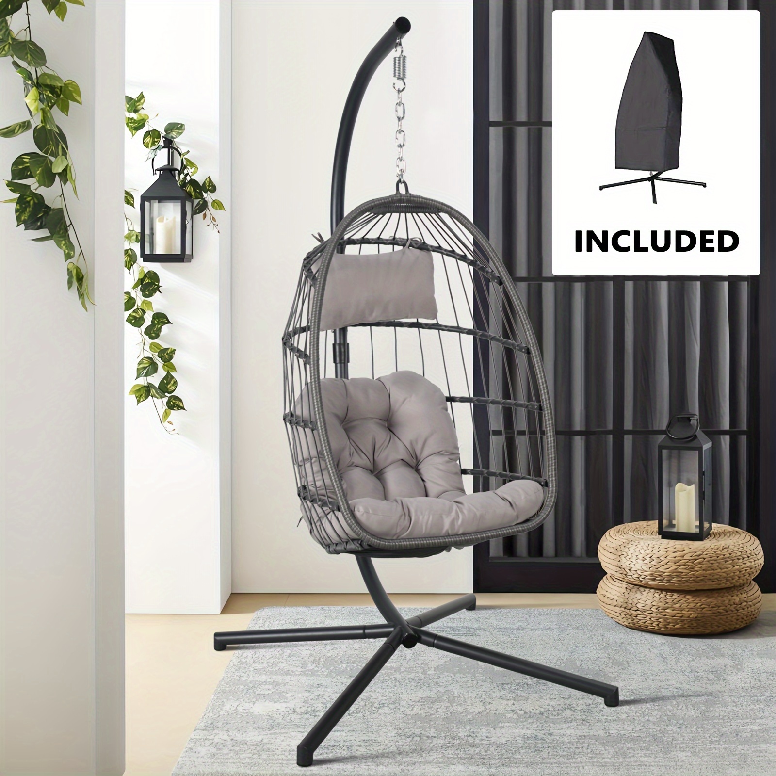 

Indoor Outdoor Swing Egg Chair With Stand, Patio Foldable Grey Wicker Rattan Hanging Chair With Cushion