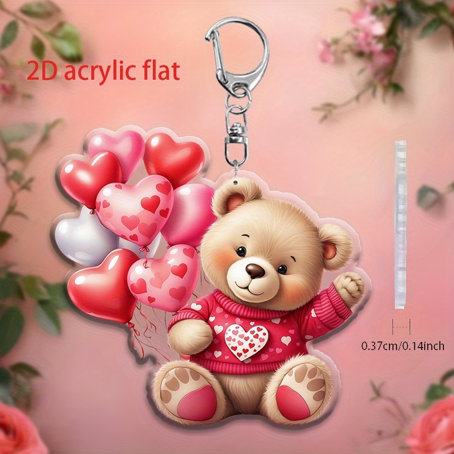 TEMU 2D, decoración 2D de acuarela con un oso de peluche con un de , rosas y una de regalo. para colgar en una habitación o como accesorio de bolso,