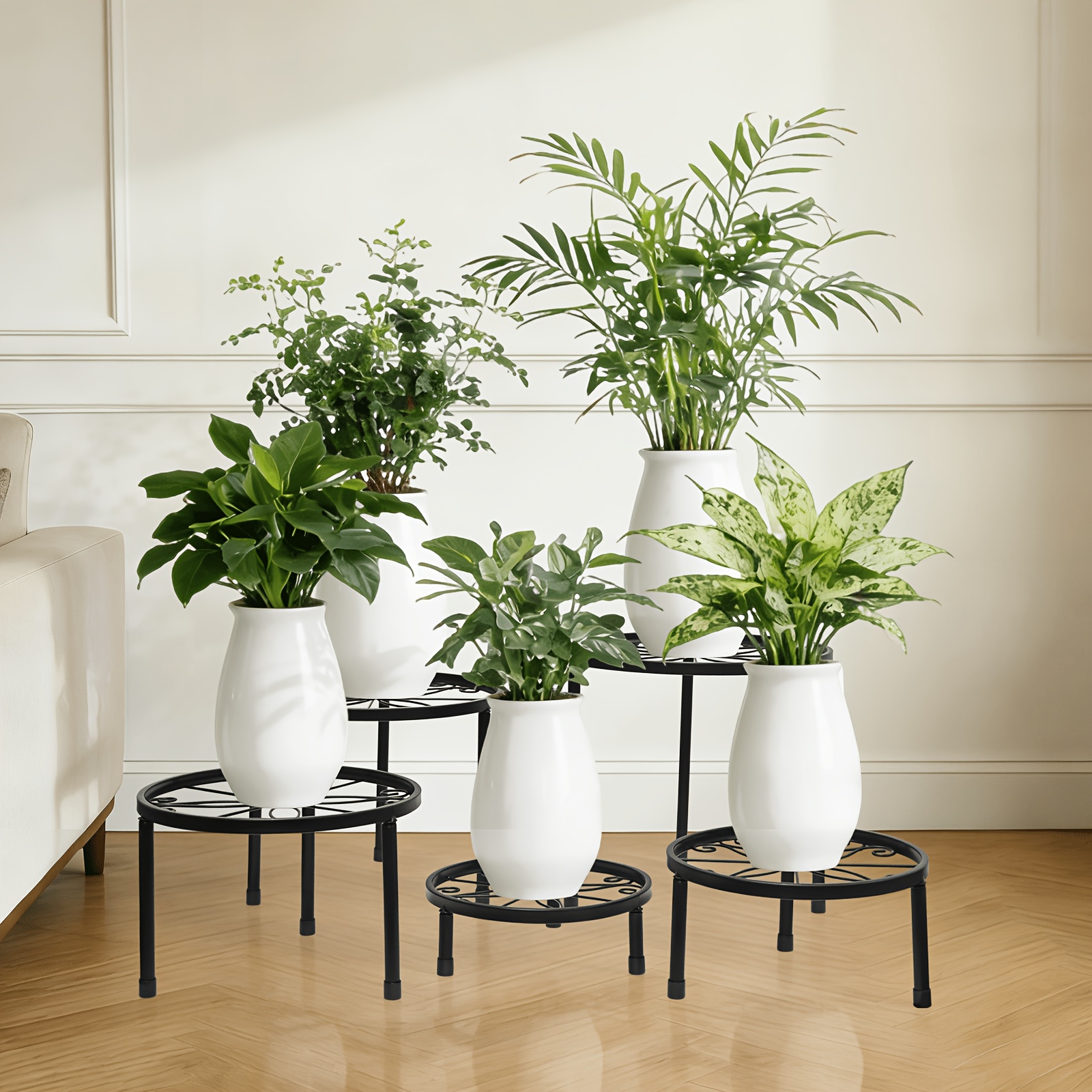 TEMU Lot de 5 supports à fleurs en fer forgé circulaires, supports de sol pour intérieur et extérieur, supports de fleurs pour balcon, supports