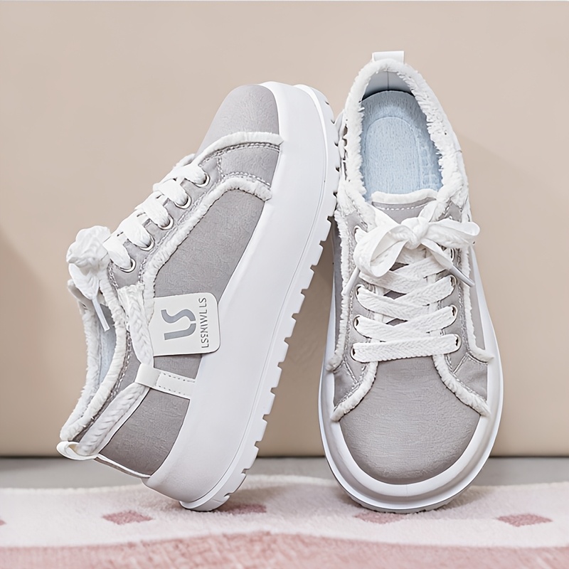 TEMU Vintage Women's Wide-toe Box Casual Sneakers With Frayed Edges, Round-toe Lace-up Platform Casual Shoes In Multiple Colors, Four-season