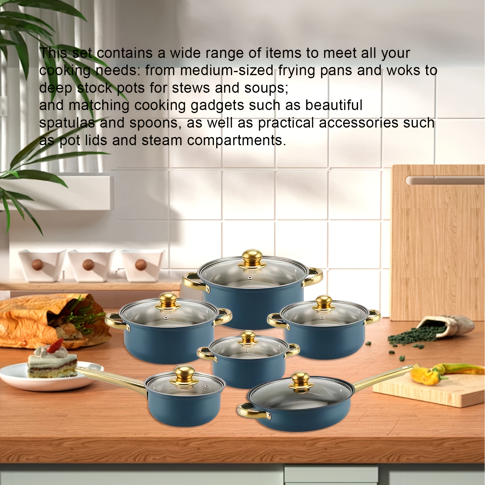 6pcs stainless steel cookware set blue lids   soup pots frying pans milk pots   essentials compatible with   stoves details 3