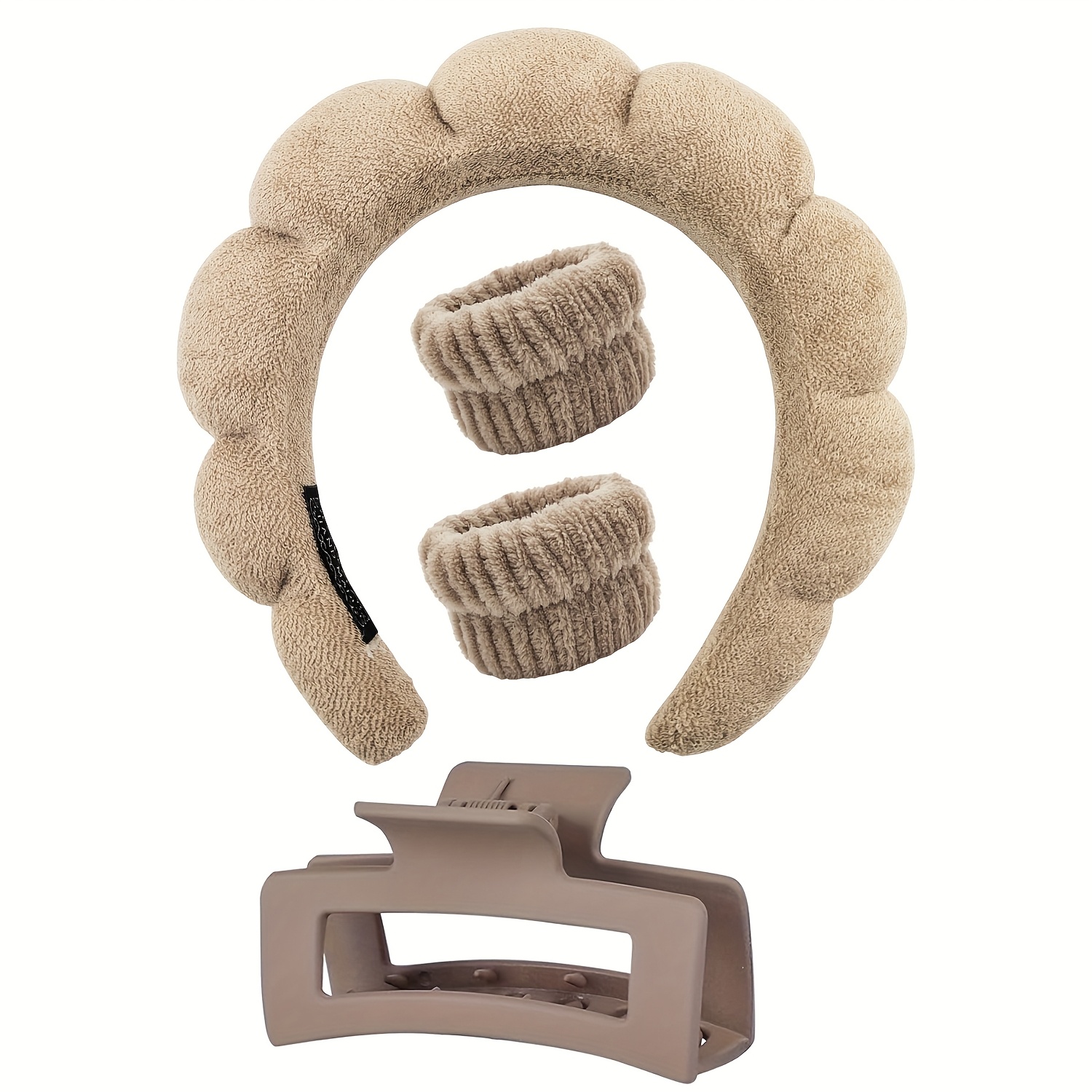 Image of 4pcs Headband For Washing Face Wristband And Square Claw Clip Set Sponge Makeup Skincare Headband Terry Cloth Hairband For Women Puffy Padded Headwear Non Slip Thick Hair Accessory