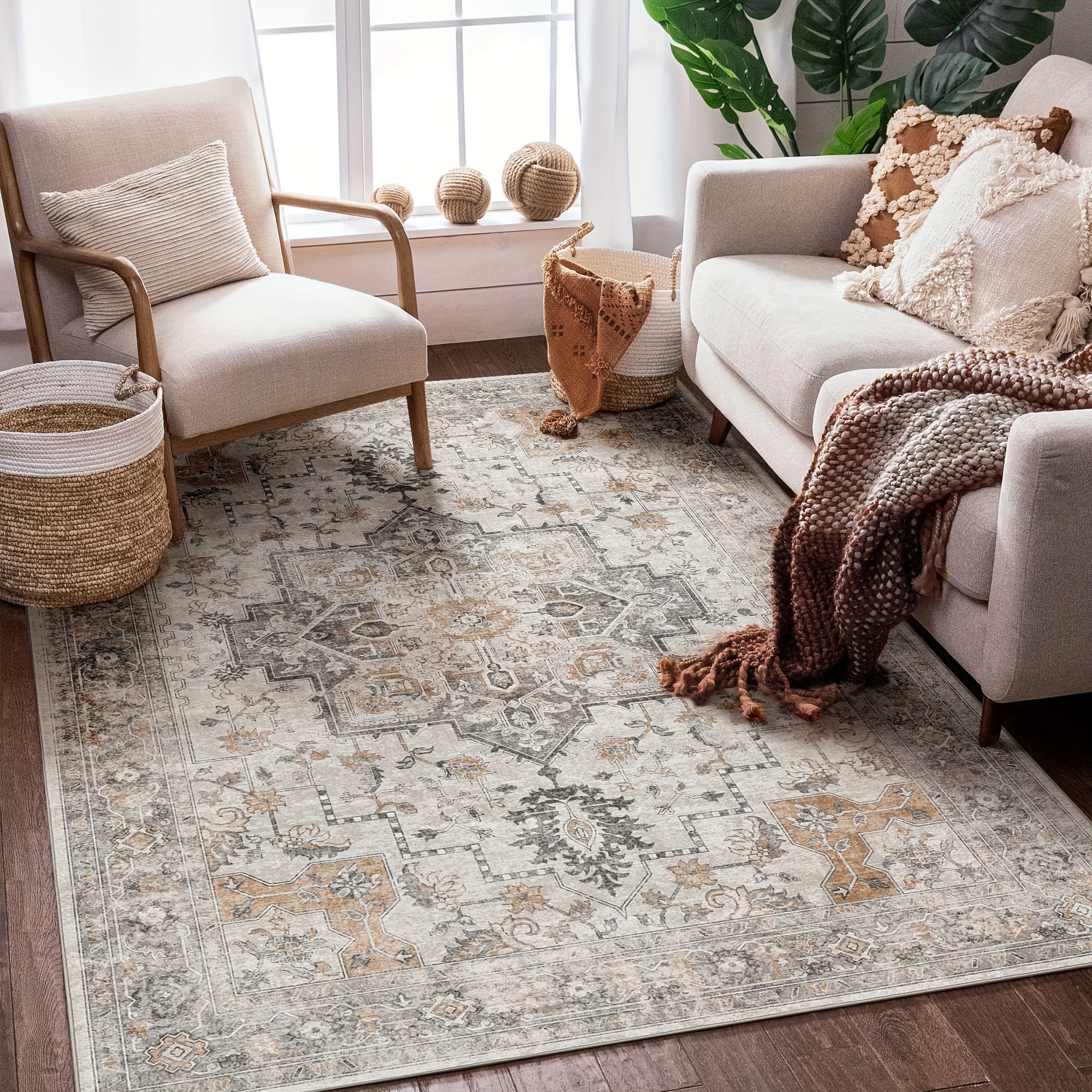 

1pc, Area Rugs For Living Room, Machine Washable Non Slip Vintage Retro Rugs, Low Pile Lightweight Chenille Print Rug For Bedroom, Dining Room, Home Office, Light Taupe Brown