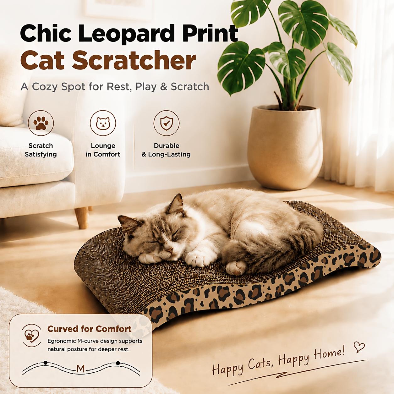TEMU M Curve Cat Scratcher Pad, Double-sided Corrugated Cardboard Cat Lounge, Leopard Print Cat Scratch Board, Indoor Kitten Adult Cat Relax Nail