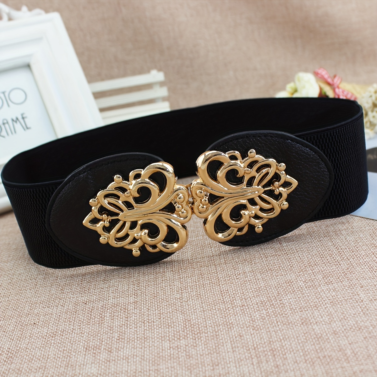 

Black Elastic Girdle With Hollow Golden Buckle Vintage Waistband Boho Style Dress Wide Belts For Women