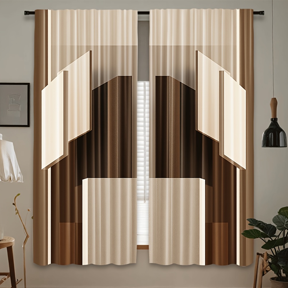 2pcs Cortinas Bege com Padrão de Bloco Geométrico - Design de Bolso de Varão