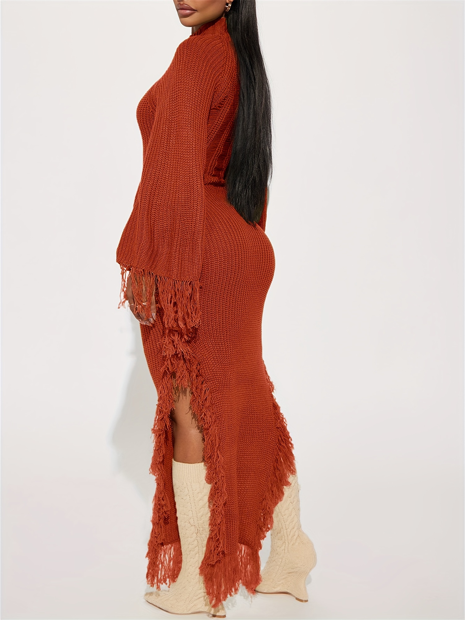 presents a sweater dress fringe trim designed women