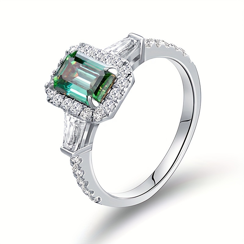 

5 * 7mm Emerald-cut Green Moissanite 925 Silver Plated With 18k Full Moissanite Ring.