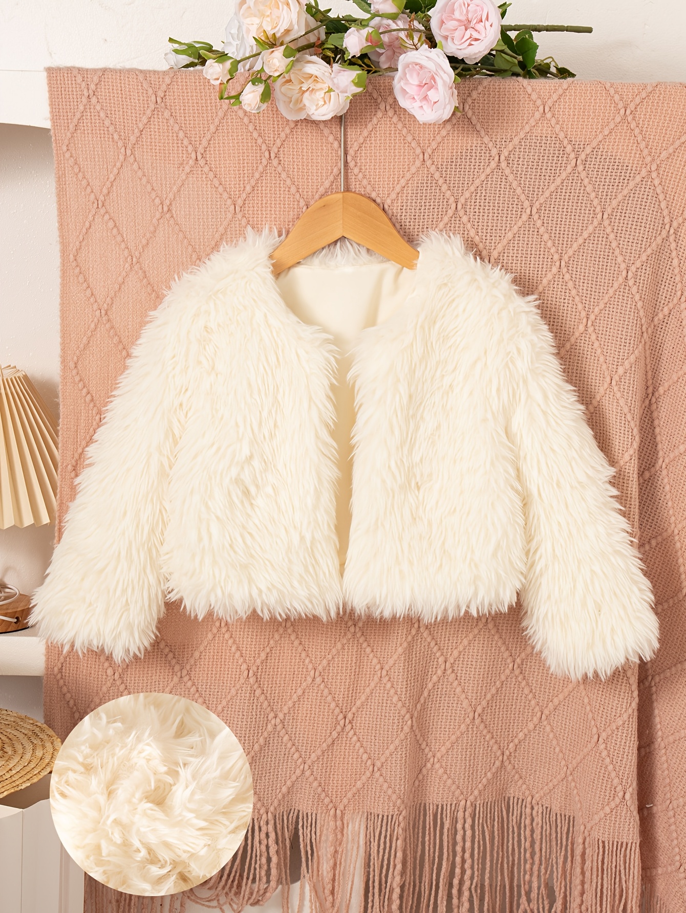 girls casual leisure outing fashion solid round neck long sleeve faux fur warm jacket coat top for fall winter
