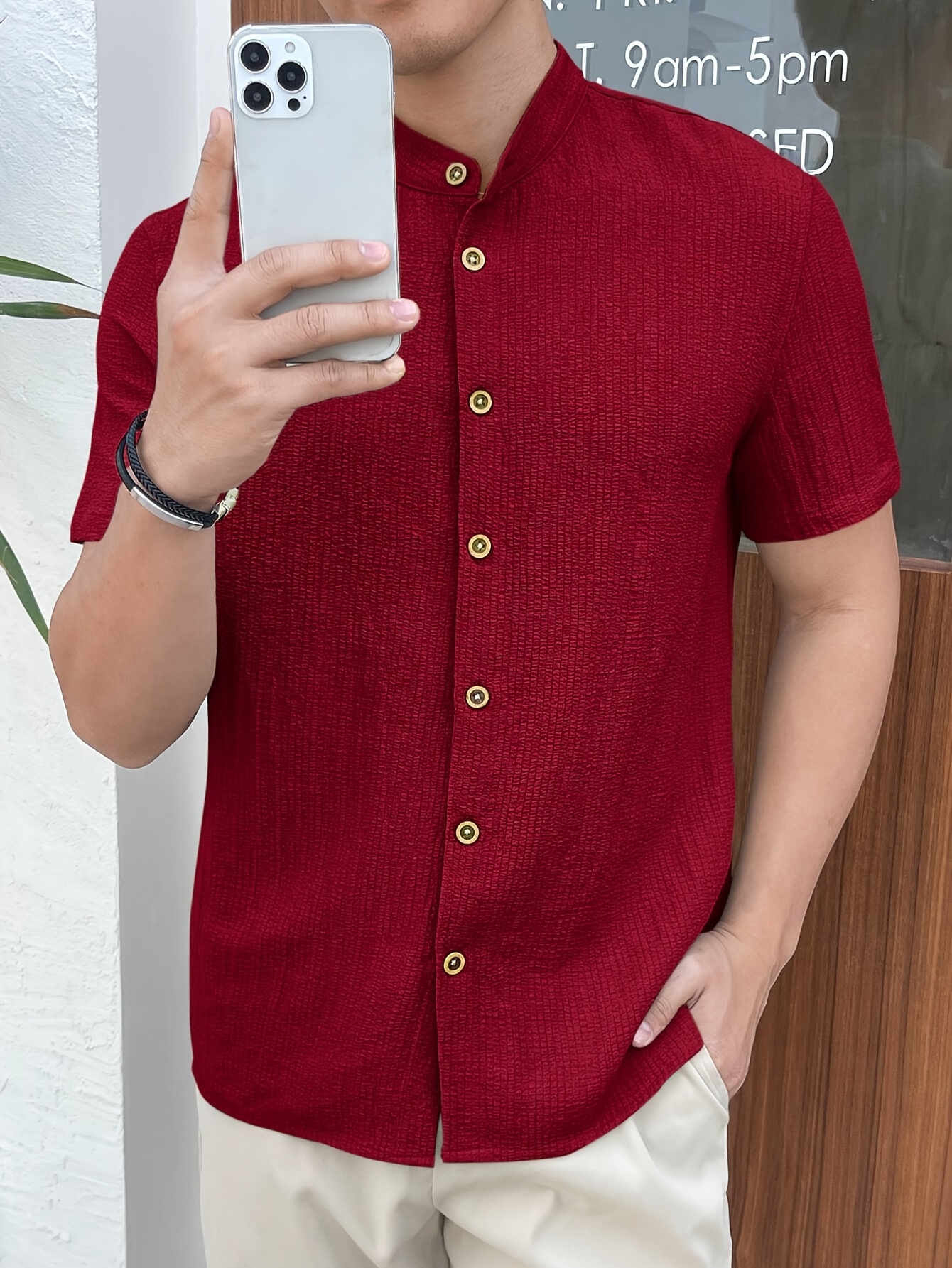Camisa Casual de Verano para Hombre, Color Sólido, Manga Corta, Tejida