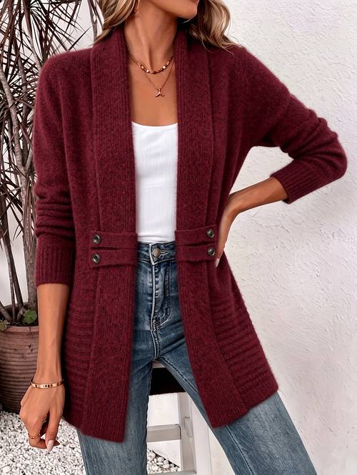 photo de l'article cardigan décontracté à double boutonnage et ceinture décorative pour femme, printemps/automne, style châle et taille cintrée, pull mi-long à devant ouvert de style décontracté, vêtement dextérieur élégant et , parfait pour les quotidiens ou les tenues