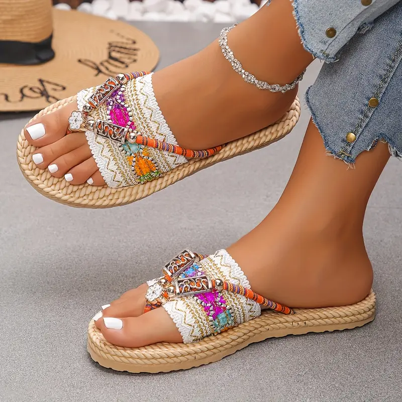 womens elegant and fashionable ethnic style flat sandals with colorful patterns slip on open toe fabric upper and inner eva sole eva insole Product details 4