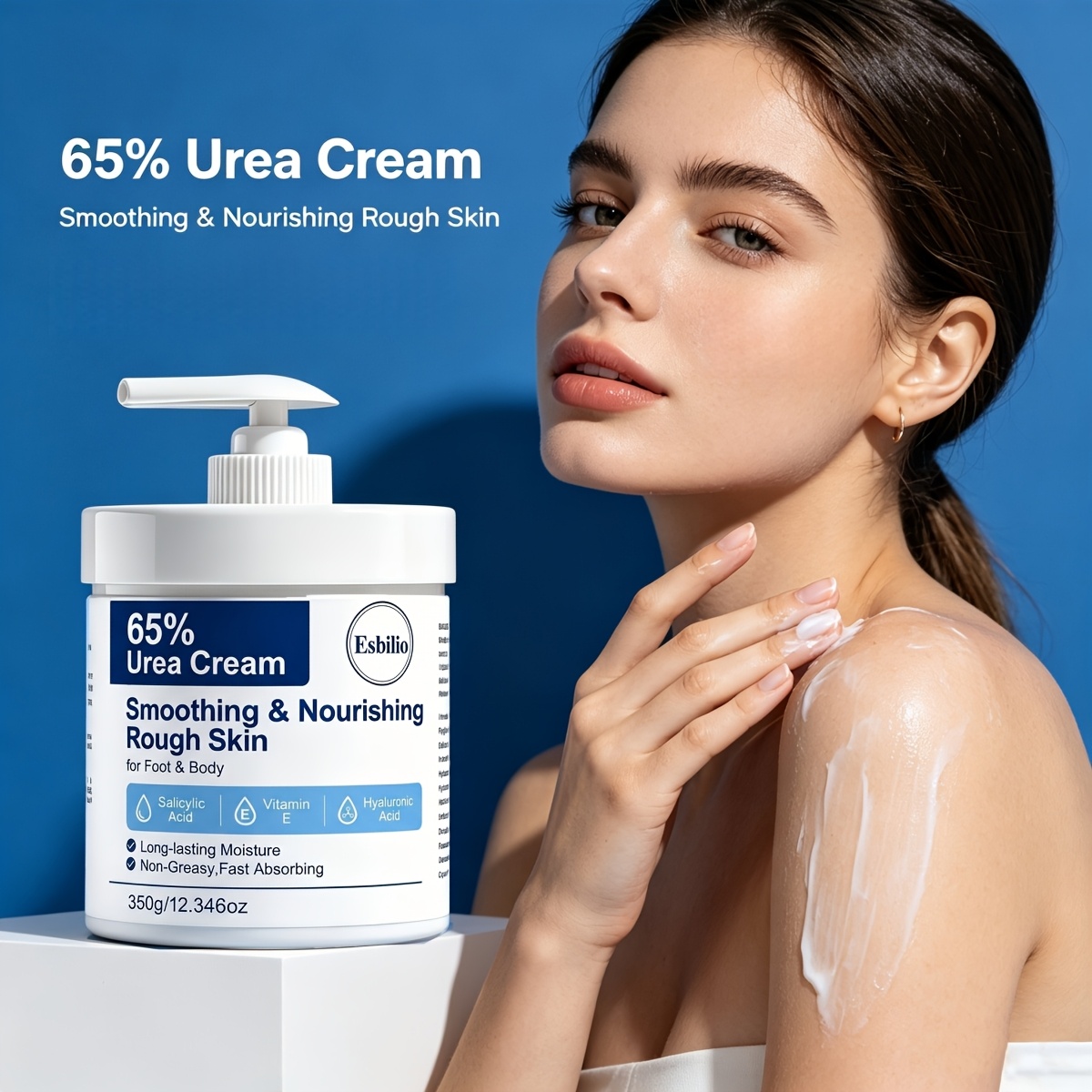 ESBILIO 350g 65% Urea Cream Suitable for Rough Dry Cracked Skin on Heels, Knees, Elbows & Hands - Fast-Absorbing Non-Greasy Formula with Salicylic Acid, Vitamin E & Hyaluronic Acid for, Hydration & Smoothing