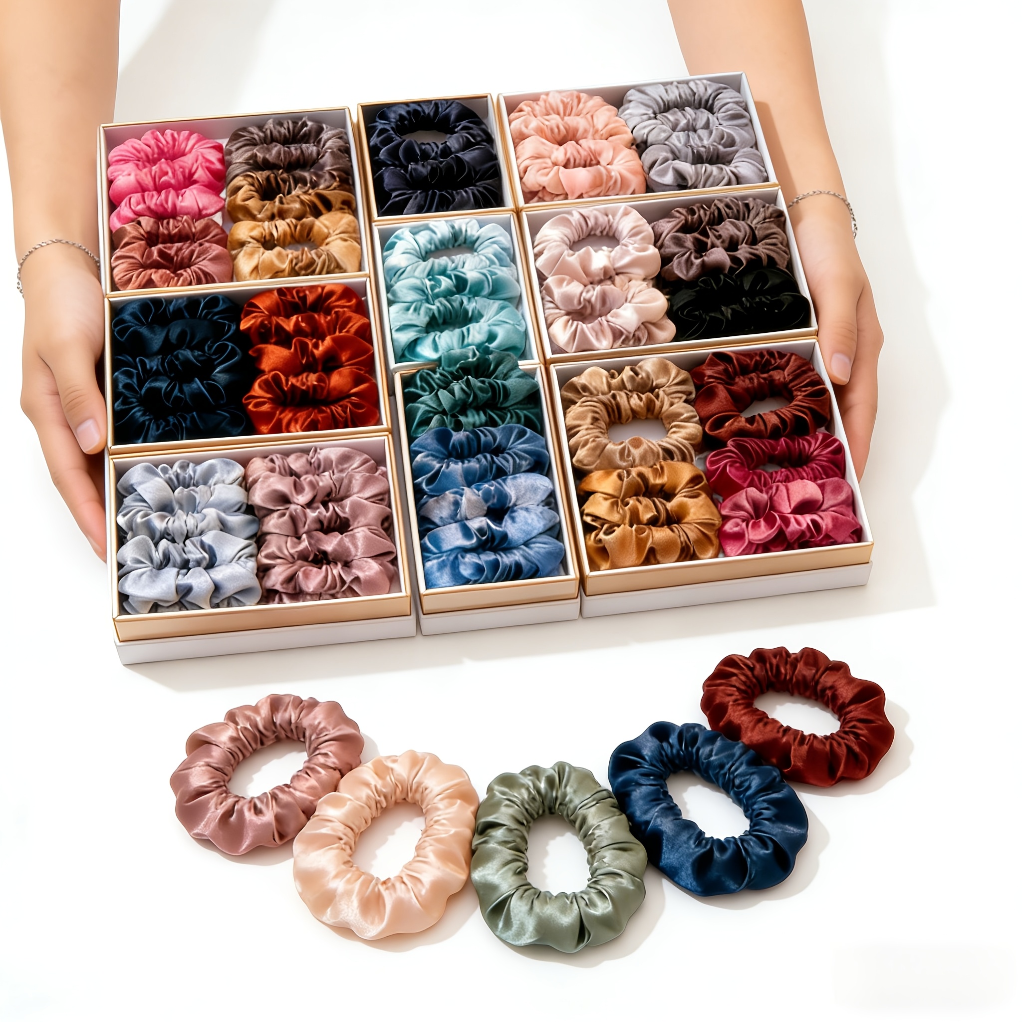 E-shop 54 Stück schädliche, dünne Scrunchies - Zufälliger Farbmix, entwickelt, um blondes, braunes und rotes Haar zu ergänzen - Hochelastische,