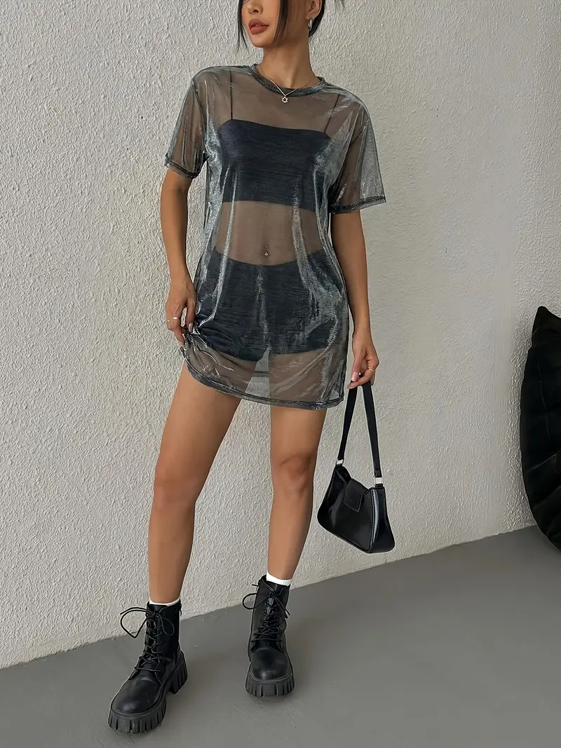 metallic mesh shirt dress STAINLESS STEEL METAL MESH MINI DRESS