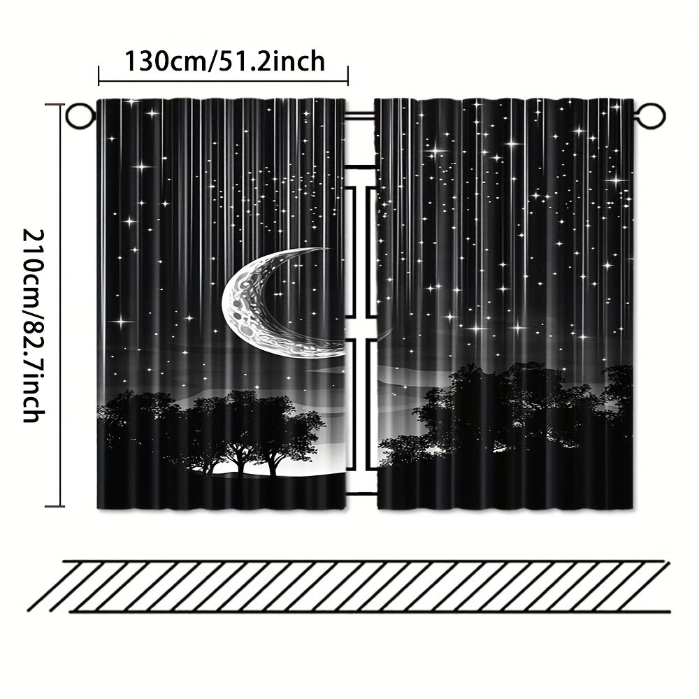 TEMU Set Of 2, Semi-sheer Curtains Featuring A Starry Night Forest And Moon Design, Designed With Rod Pockets For Effortless Hanging, Perfect For