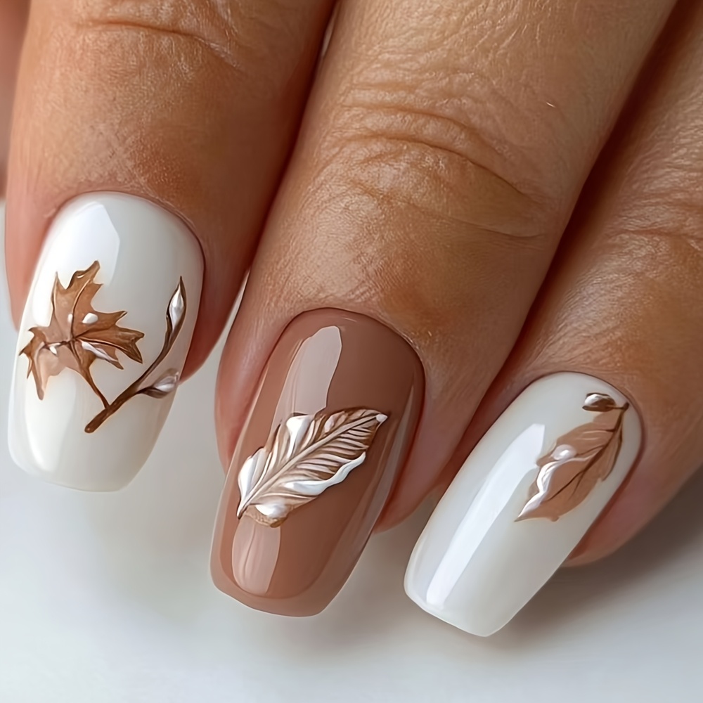 TEMU 24pcs Square Press-on Nails With Sweet And Cute Leaf Pattern, Glossy Finish, Suitable For Women And, False Nails Category, Nail Stickers