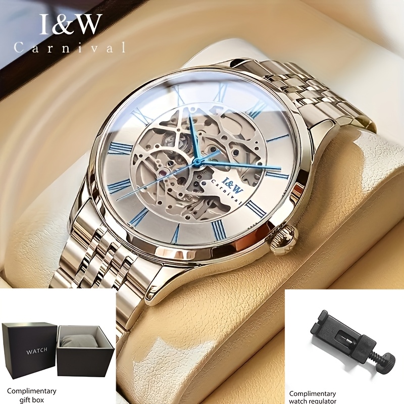 Image of [i&w Carnival] Skeleton Men's Watch | Japanese Automatic Mechanical Movement, Fashionable Business Casual Wristwatch, Stainless Steel, 30m Water Resistance, Without Battery