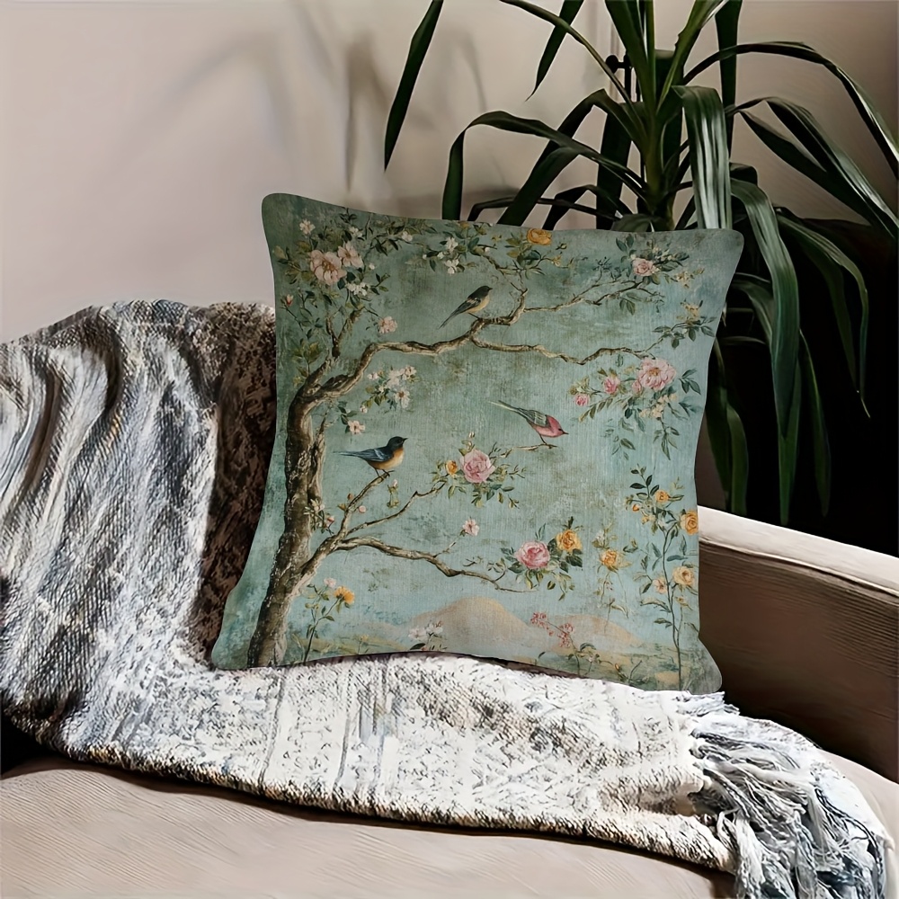 1 double sided vintage chinese floral and bird print pillowcase 18x18 inches soft plush polyester   design with roses on branches and birds suitable for sofa couch bedroom or car decorative cushion cover 2pcs 18 18 inch Product details 4
