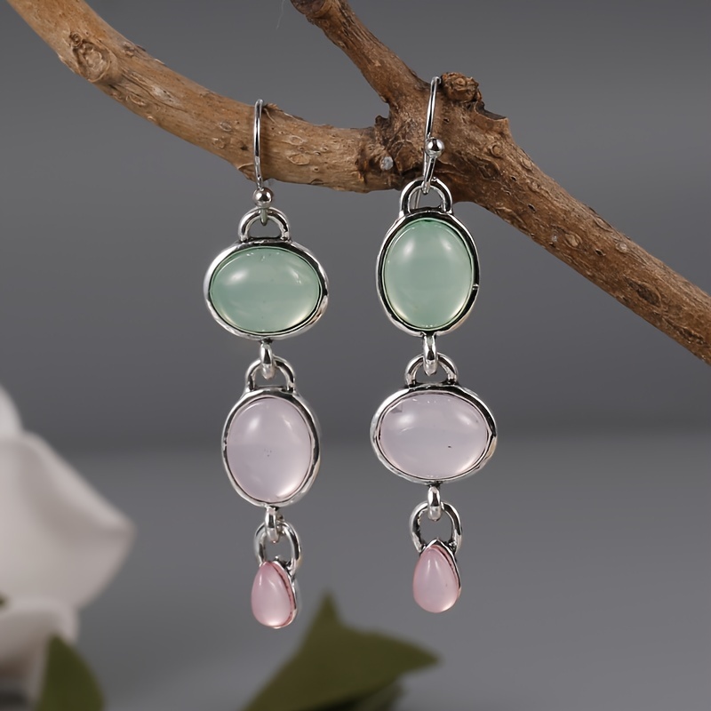 TEMU Elegant Dangle Earrings For Women - Perfect For Weddings And Engagements - Oval Pink And Blue Stones - Charms Jewelry